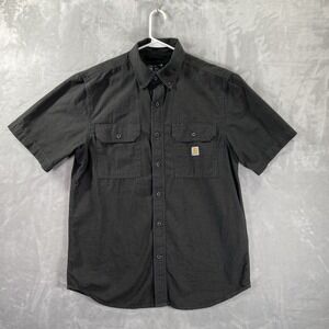 Carhartt Shirt men's Medium Button Down Chambray Loose Fit Black Flap Pockets